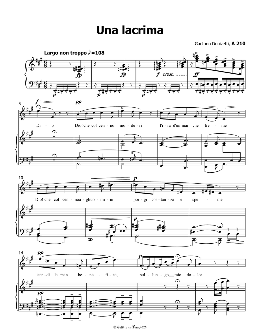 Una lacrima, by Donizetti, A 210, in A Major Piano, Vocal scores gallery preview page 3