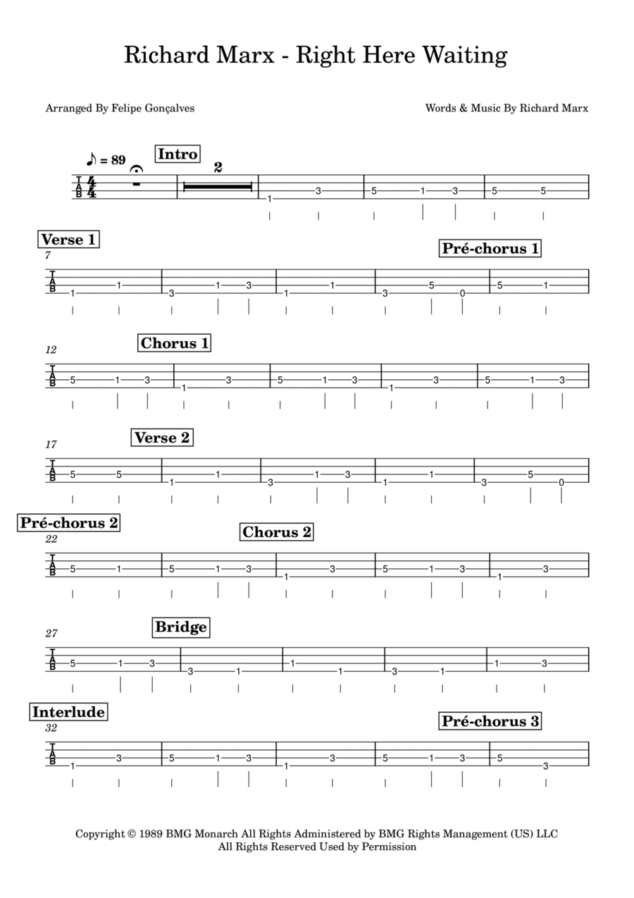Right Here Waiting Right Here Waiting Guitar Tablature scores gallery preview page 1