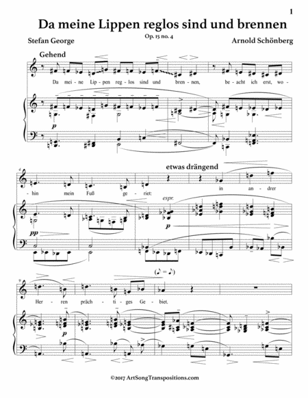 SCHÖNBERG: Da meine Lippen reglos sind und brennen, Op. 15 no. 4 (transposed down one whole step)