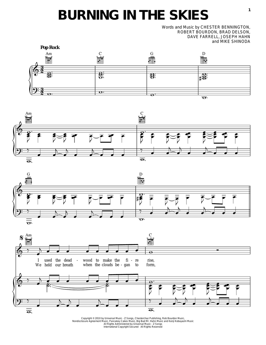 Burning In The Skies Piano, Vocal, Guitar scores gallery preview page 1