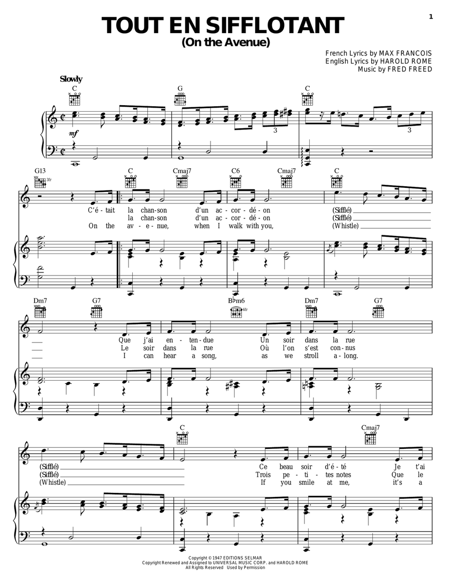 Tout En Sifflotant (On The Avenue) Piano, Vocal, Guitar scores gallery preview page 1