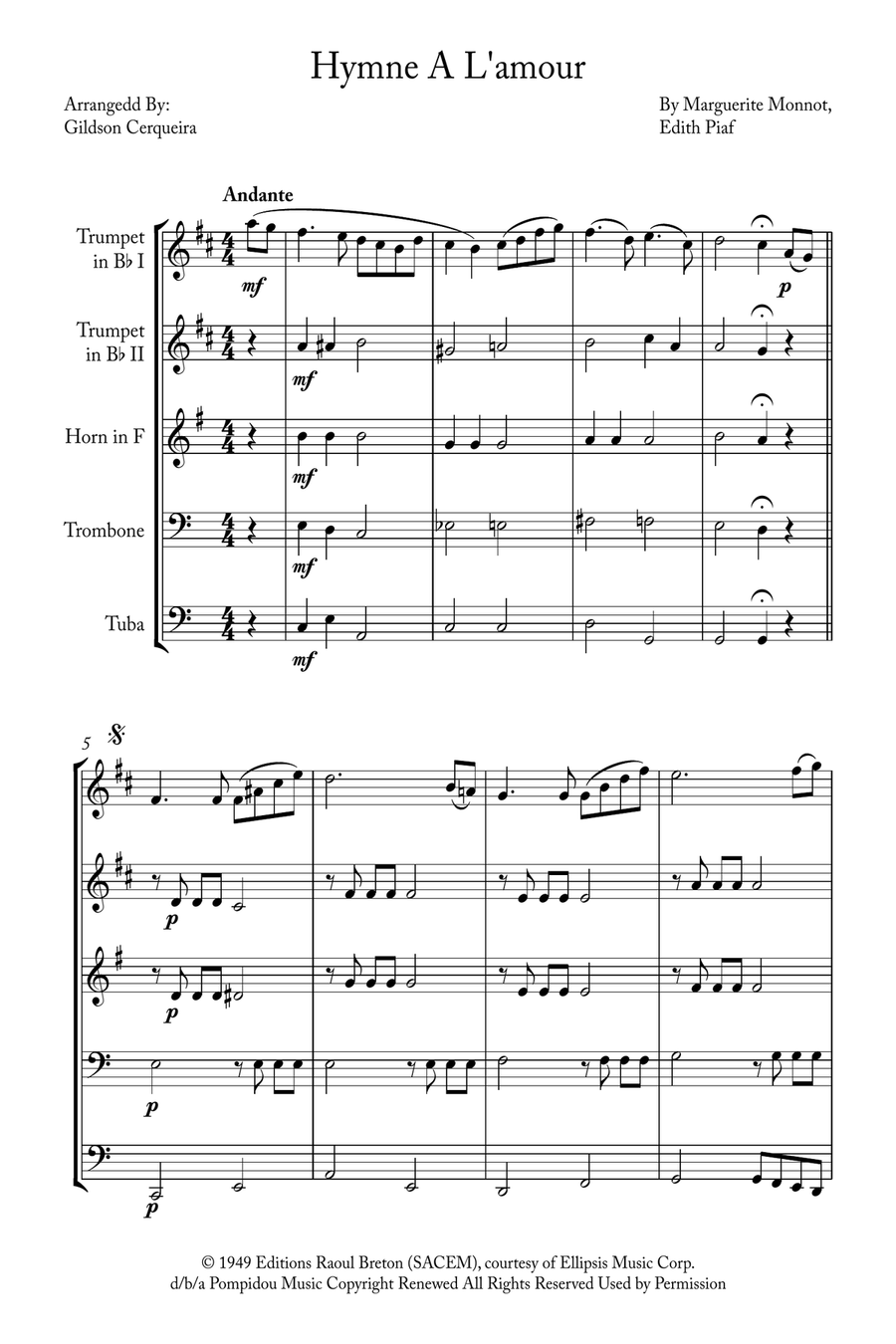 Hymne A L'amour Brass Quintet scores gallery preview page 1