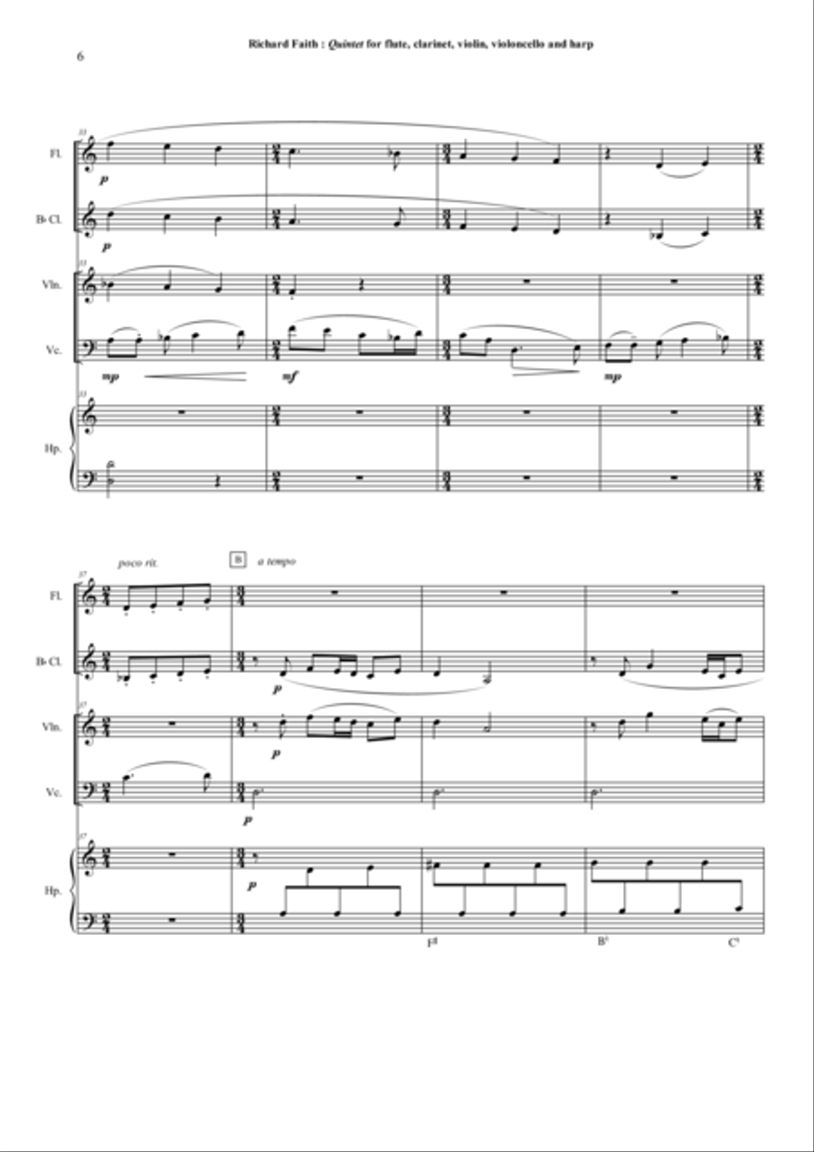 Richard Faith : Quintet for flute, clarinet, violin, violonello and harp, score only Small Ensemble scores gallery preview page 6