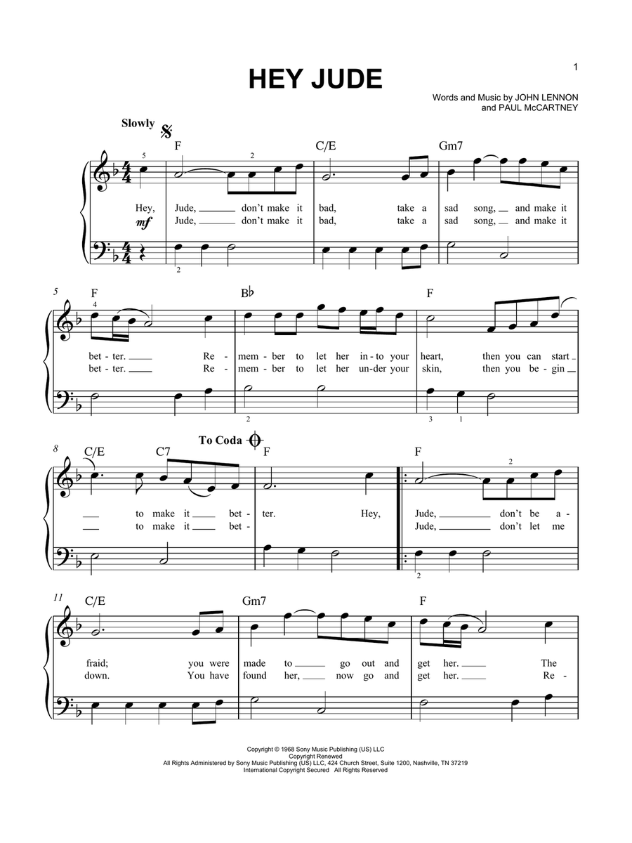 Hey Jude Easy Piano scores gallery preview page 1