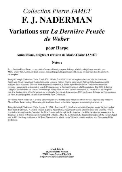 F. J. NADERMAN Variations sur La Dernière Pensée de Weber for solo harp