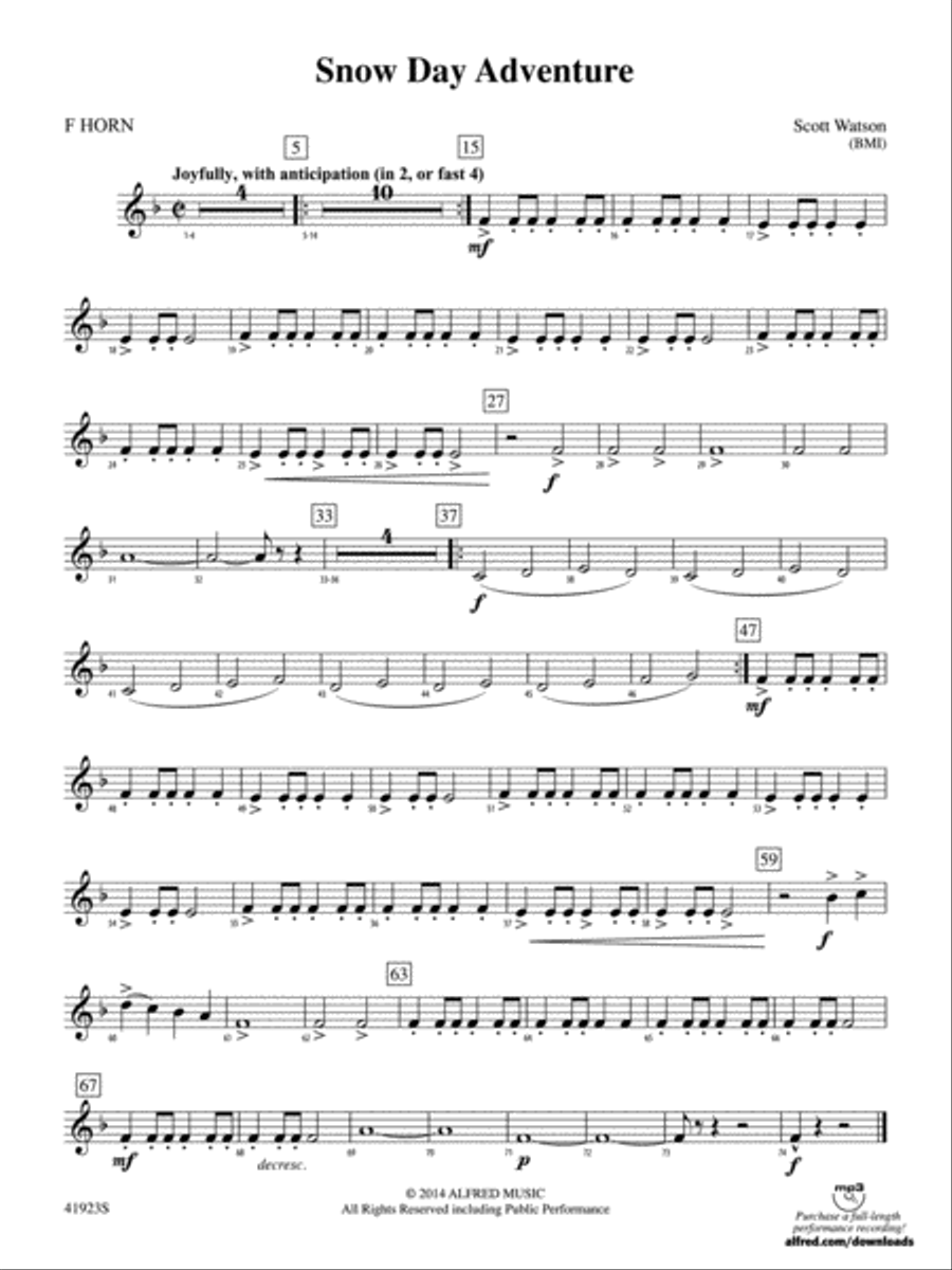 Snow Day Adventure: 1st F Horn Concert Band scores gallery preview page 1