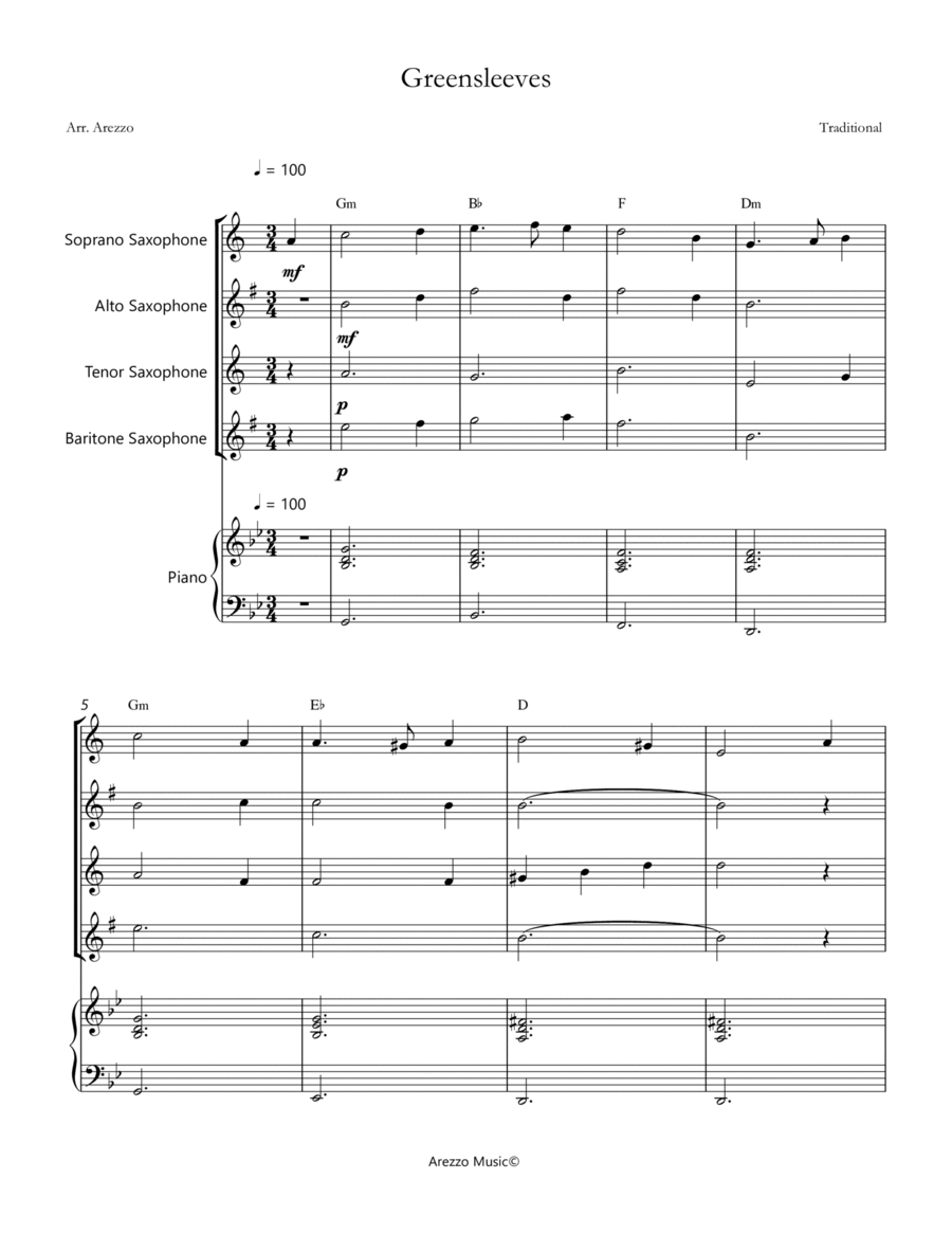 greensleeves saxophone quartet and piano sheet music with chord symbols image number null