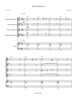 greensleeves saxophone quartet and piano sheet music with chord symbols