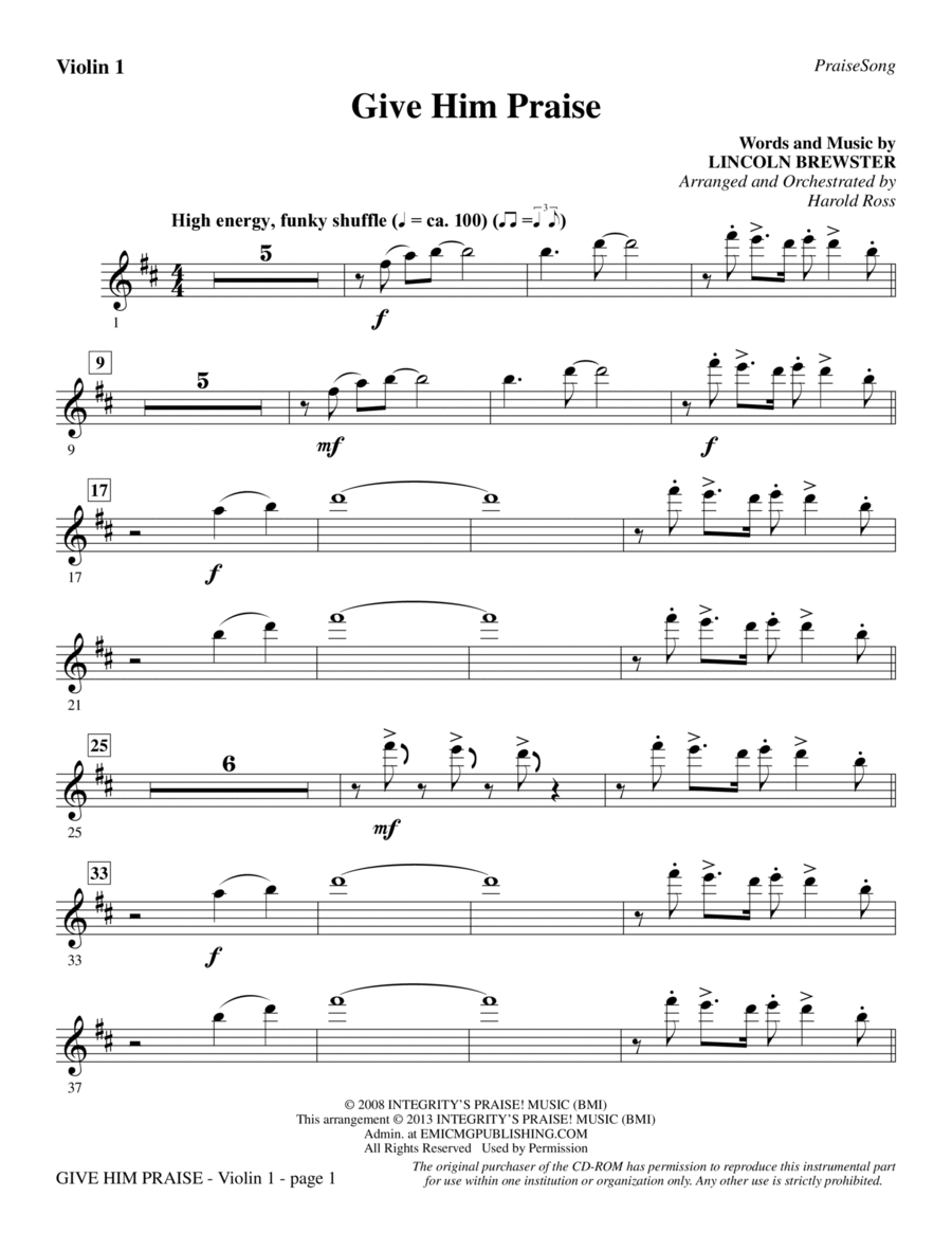 Give Him Praise - Violin 1 Choir scores gallery preview page 1