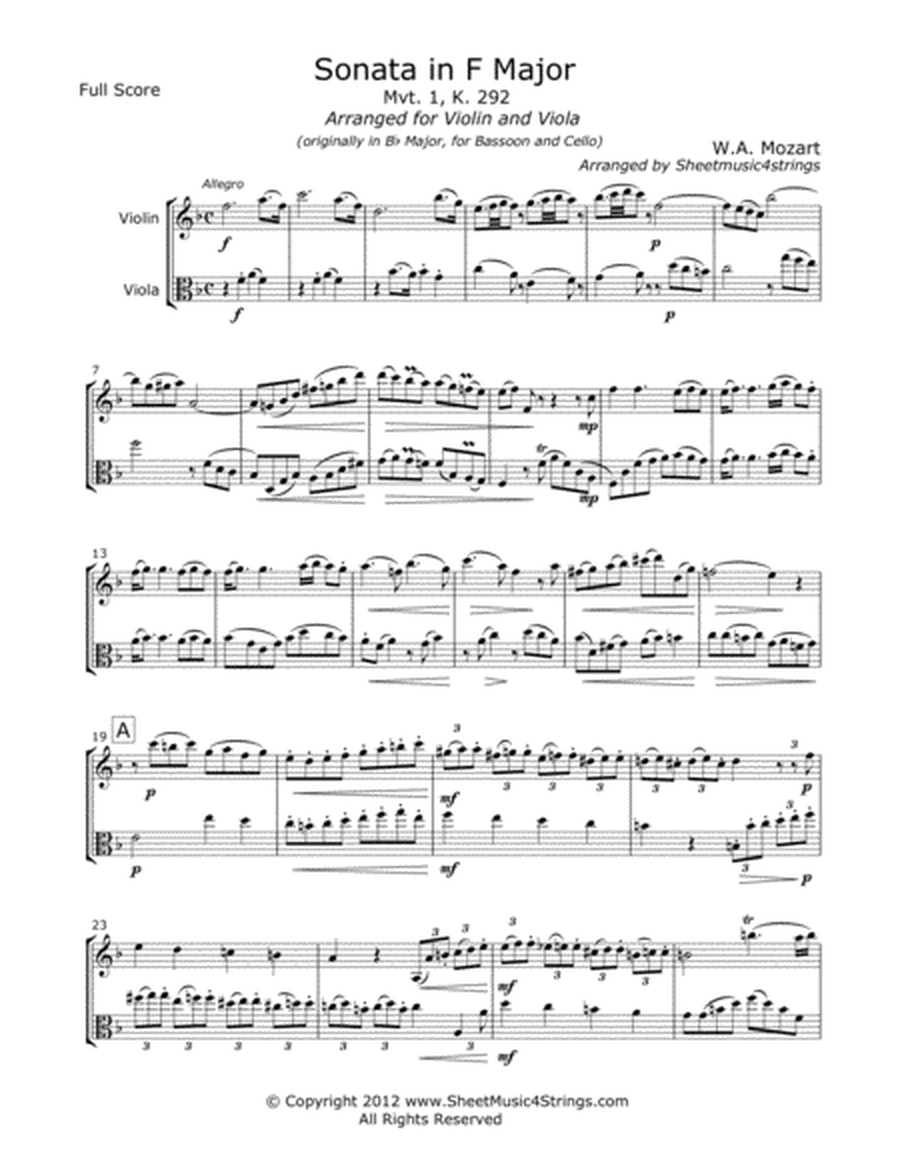 Mozart, W. - Sonata in F (Mvt. 1) for Violin and Viola image number null
