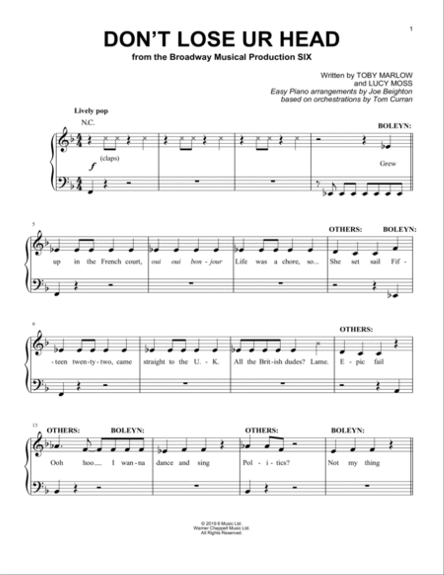Don't Lose Ur Head (from Six: The Musical) Easy Piano scores gallery preview page 1
