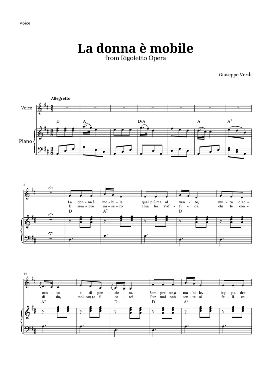 La donna è mobile in D major for Voice and Piano Piano, Vocal scores gallery preview page 1
