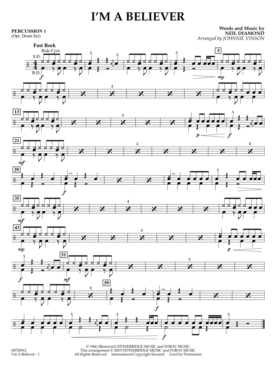 I'm a Believer (arr. Johnnie Vinson) - Percussion 1 Concert Band scores gallery preview page 1