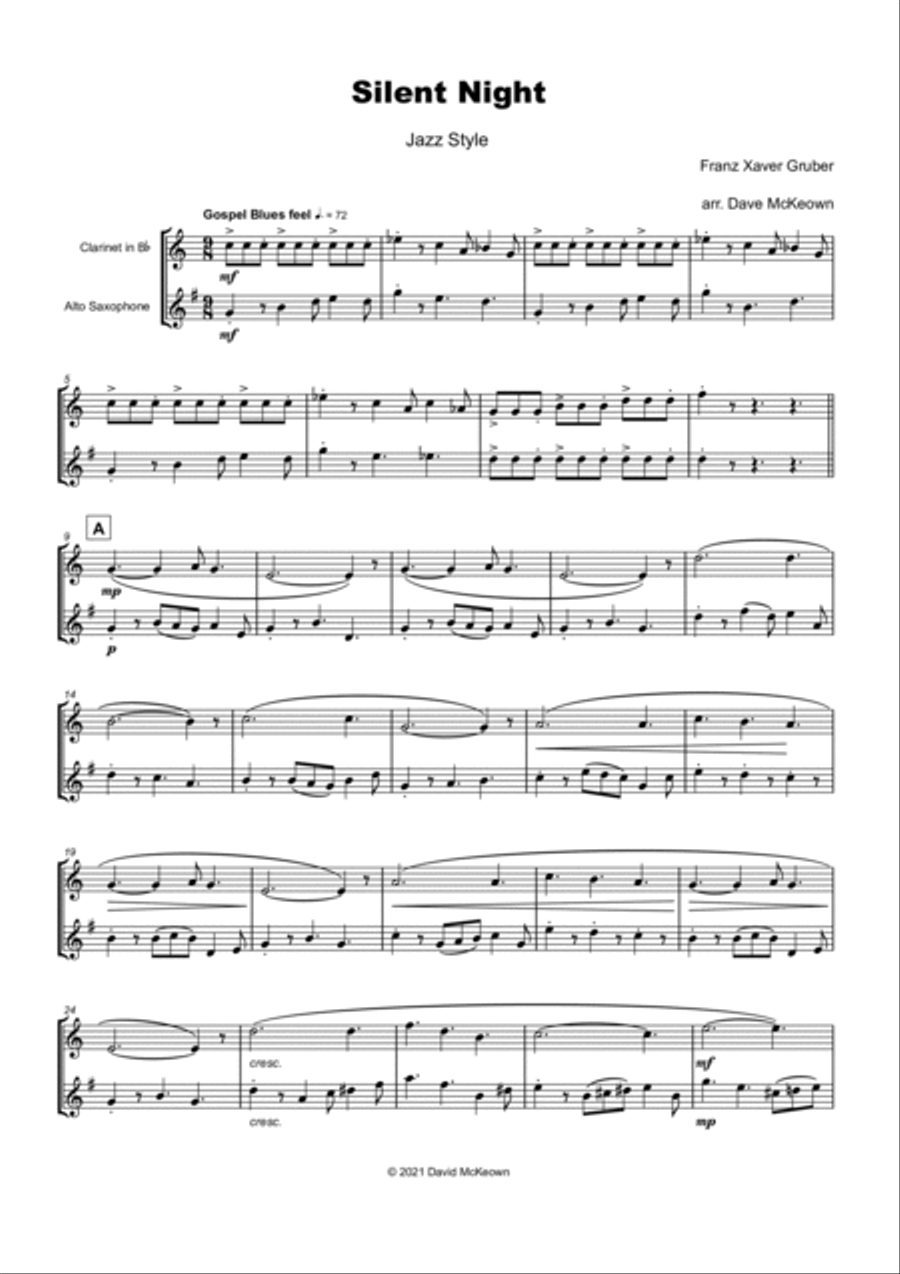 Silent Night, Gospel Style, for Clarinet and Alto Saxophone Duet Woodwind Duet scores gallery preview page 2