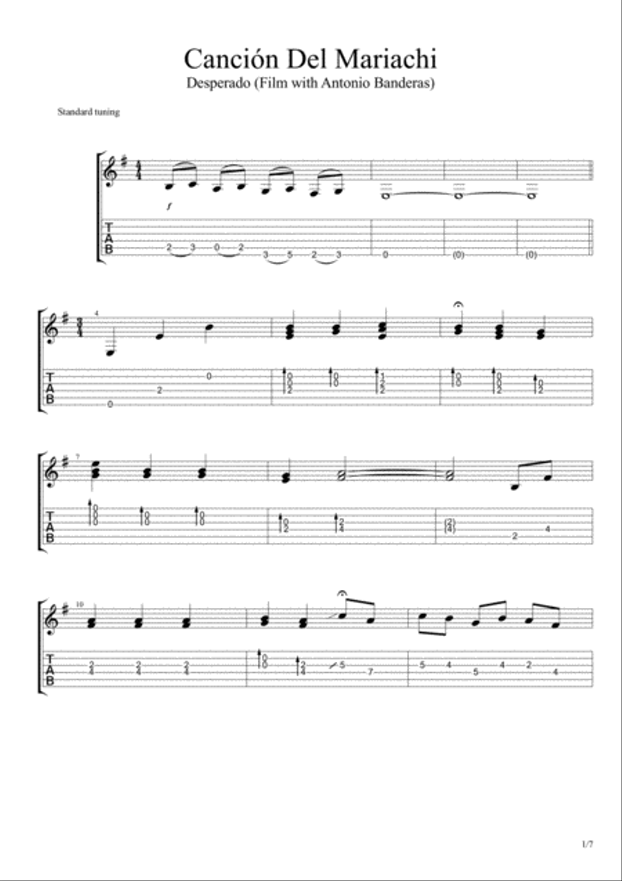 Canción del Mariachi (Desperado, Antonio Banderas) Classical Guitar scores gallery preview page 1