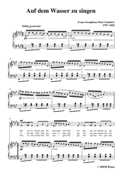 Schubert-Auf dem Wasser zu singen in A Major, fro voice and piano image number null