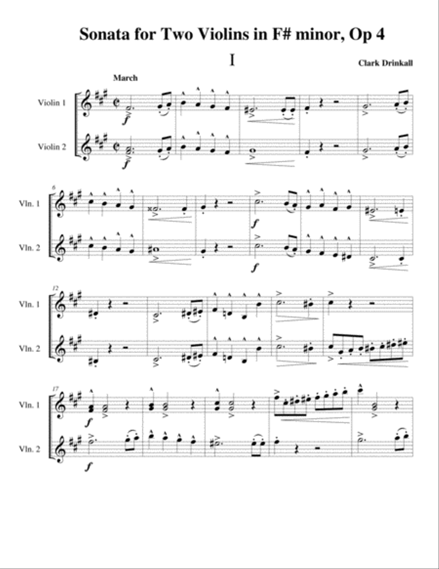 Sonata for Two Violins in F# minor, Op 4 Mvmt 1 Violin scores gallery preview page 1