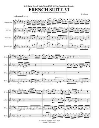 Book cover for Bach: French Suite No. 6, BWV 817, for Saxophone Quartet - Score Only