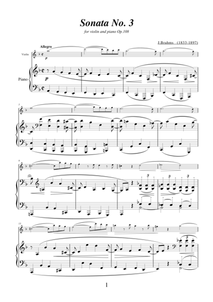 Sonata No.3 in D minor Op.108 by Johannes Brahms for violin and piano