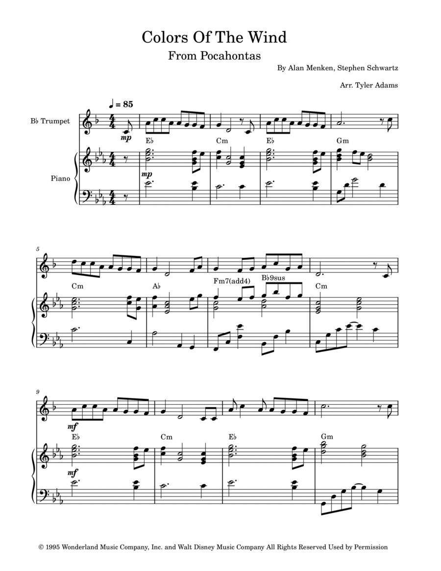 Colors Of The Wind B-Flat Trumpet scores gallery preview page 1