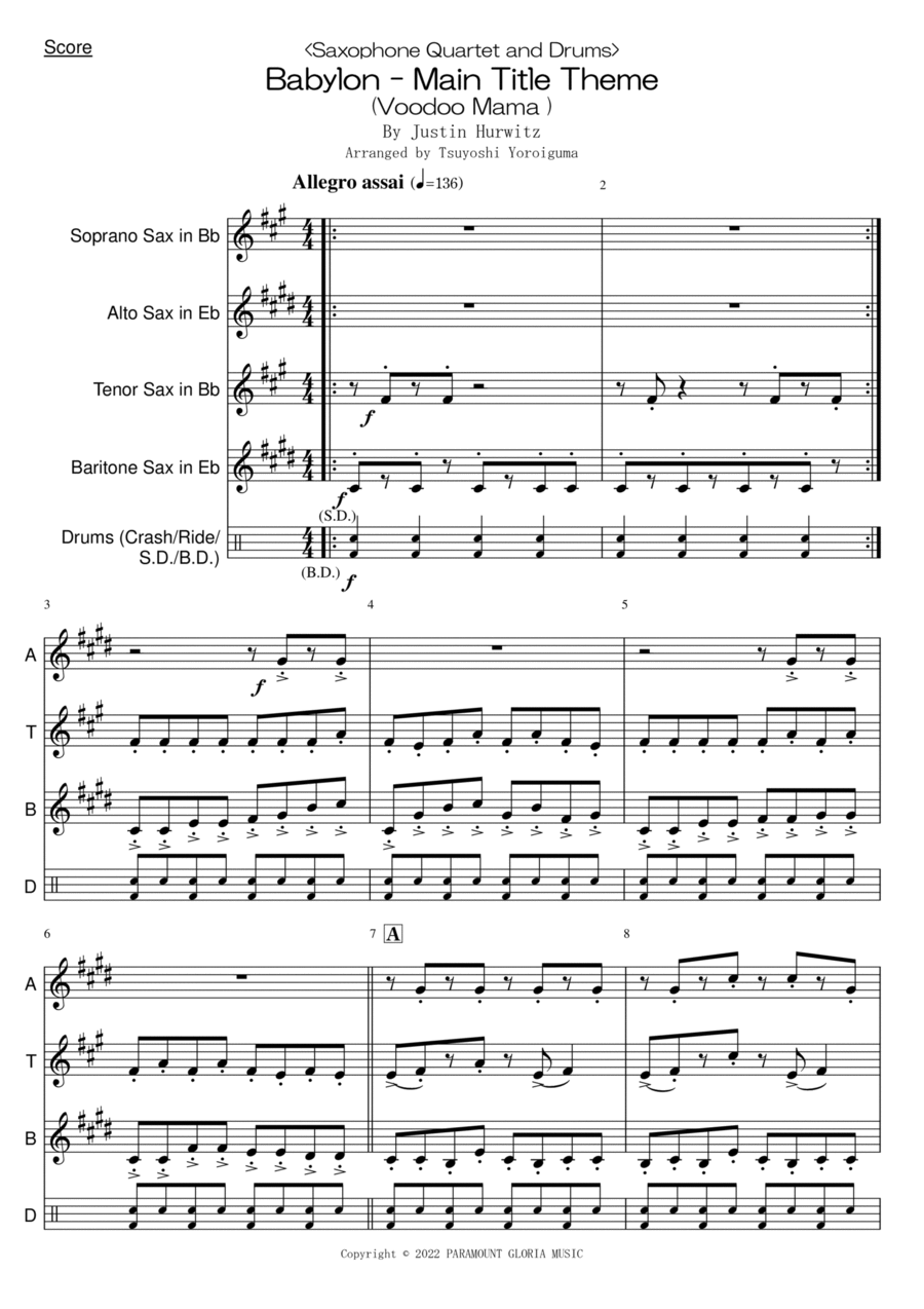 Babylon - Main Title Theme Saxophone Quartet scores gallery preview page 1