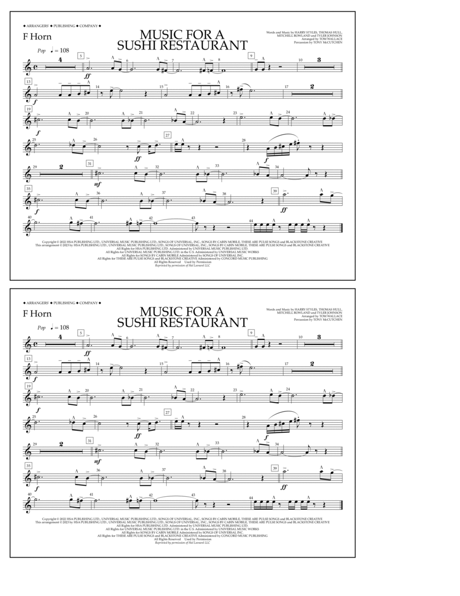 Music For A Sushi Restaurant (arr. Tom Wallace) - F Horn Marching Band scores gallery preview page 1