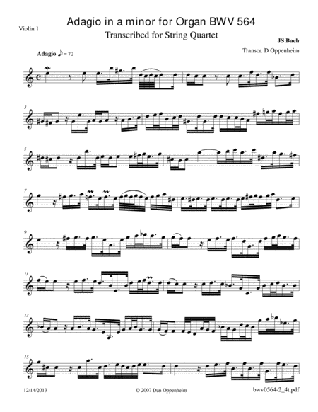 Bach: Adagio in a minor BWV 564 transcribed for String Quartet image number null
