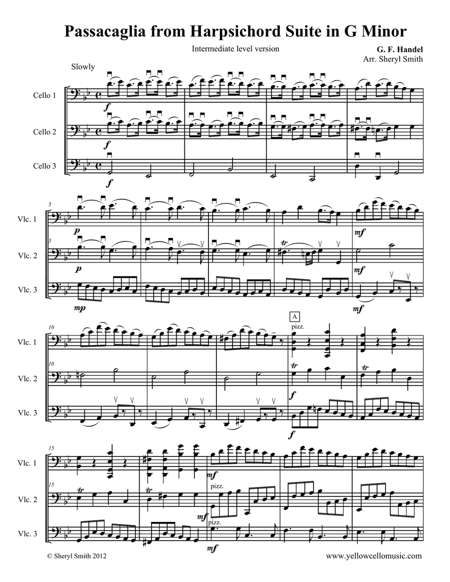 Passacaglia in G Minor, arranged for three intermediate cellos (cello trio), HWV 432 Small Ensemble scores gallery preview page 1