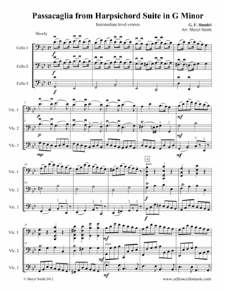 Book cover for Passacaglia in G Minor, arranged for three intermediate cellos (cello trio), HWV 432