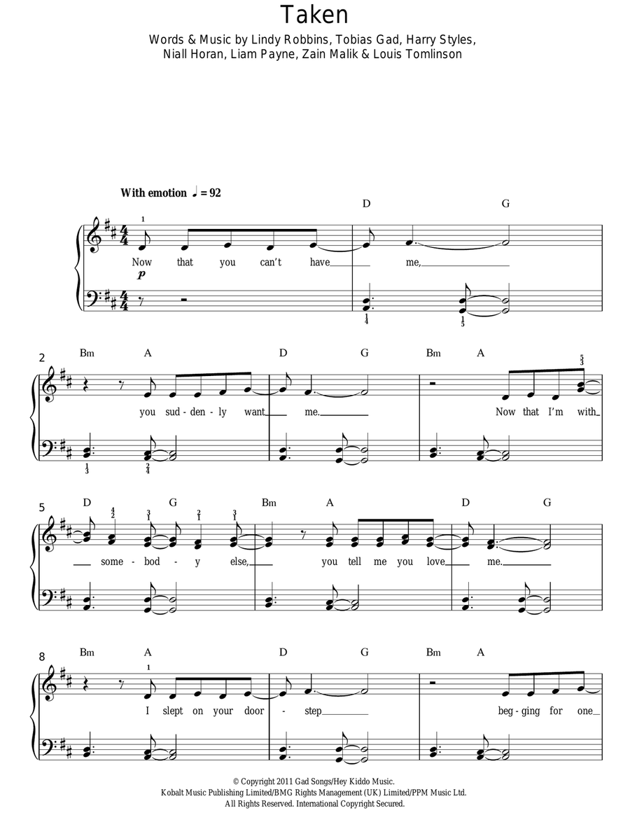 Taken Taken Easy Piano scores gallery preview page 1