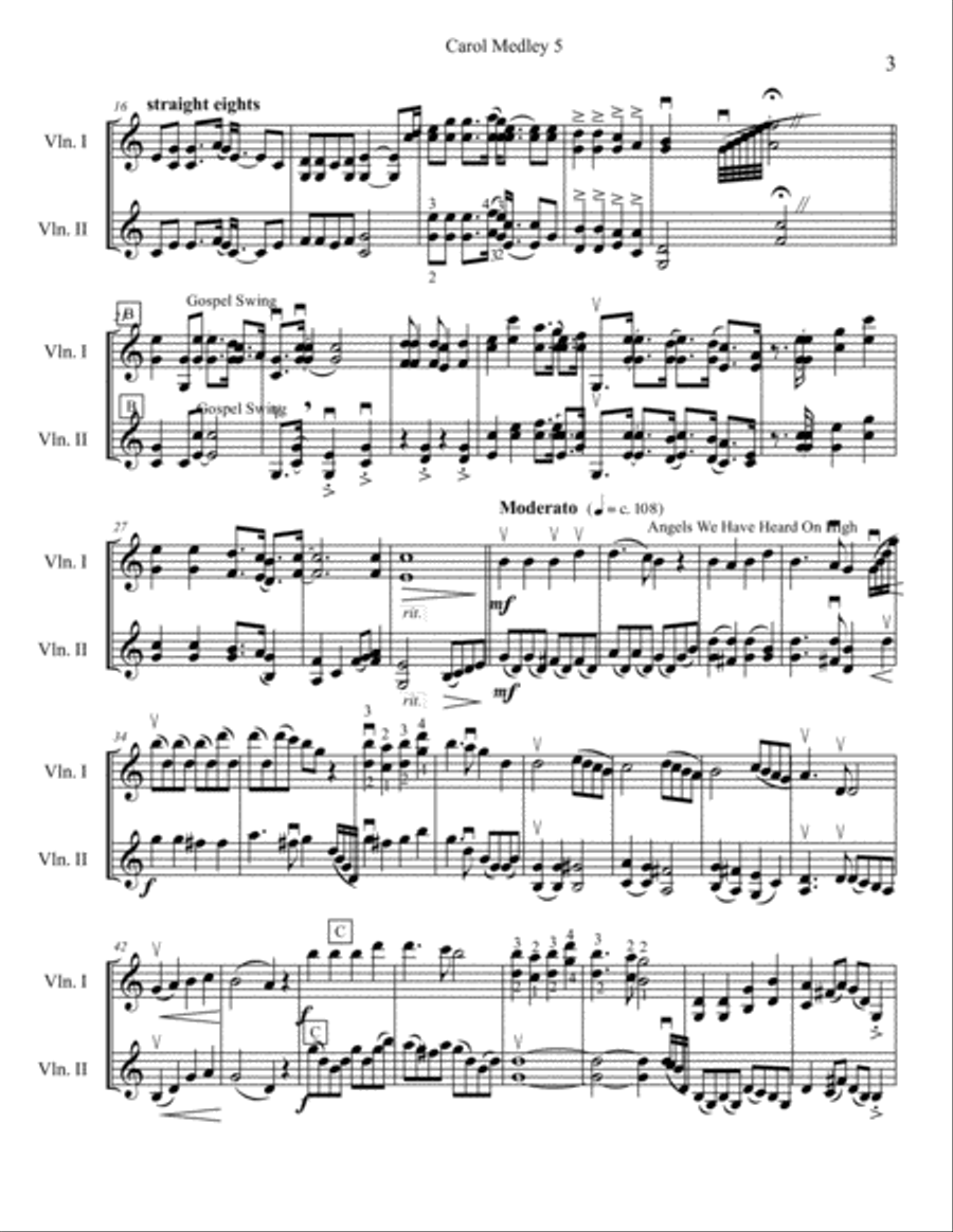 Carol Medley 5 Duo Violin Go Tell It On The Mountain / Angels We Have Heard On High / The First Noel String Duet scores gallery preview page 3