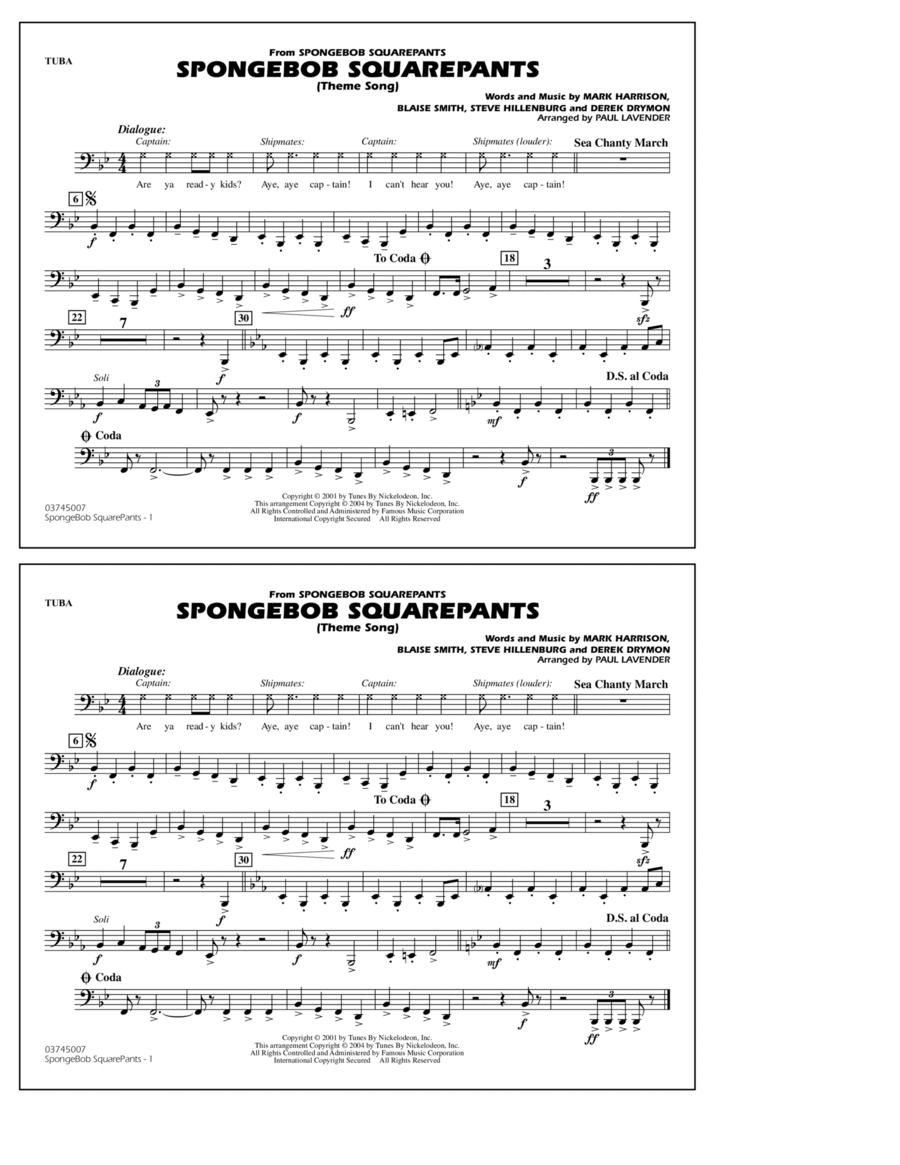 Spongebob Squarepants (Theme Song) (arr. Paul Lavender) - Tuba Marching Band scores gallery preview page 1