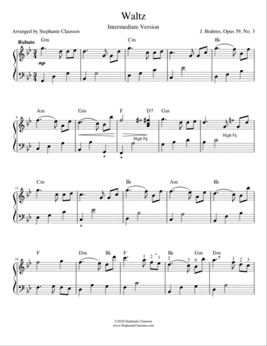 Waltz (Brahms Op 39, No 3.) - (Intermediate Lever Harp) Celtic Harp scores gallery preview page 2