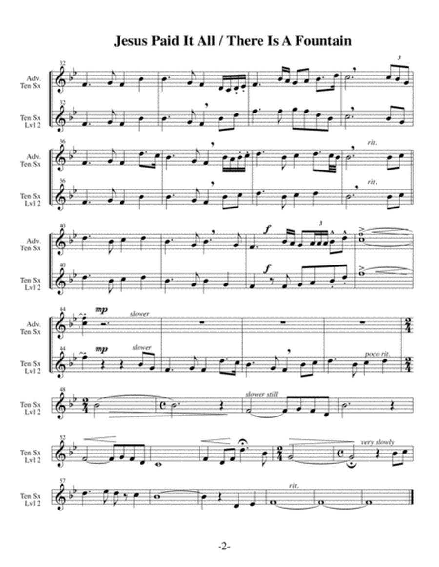 Jesus Paid It All with There Is A Fountain (Arrangements Level 2-4 for TENOR SAX + Written Acc) Hymn image number null