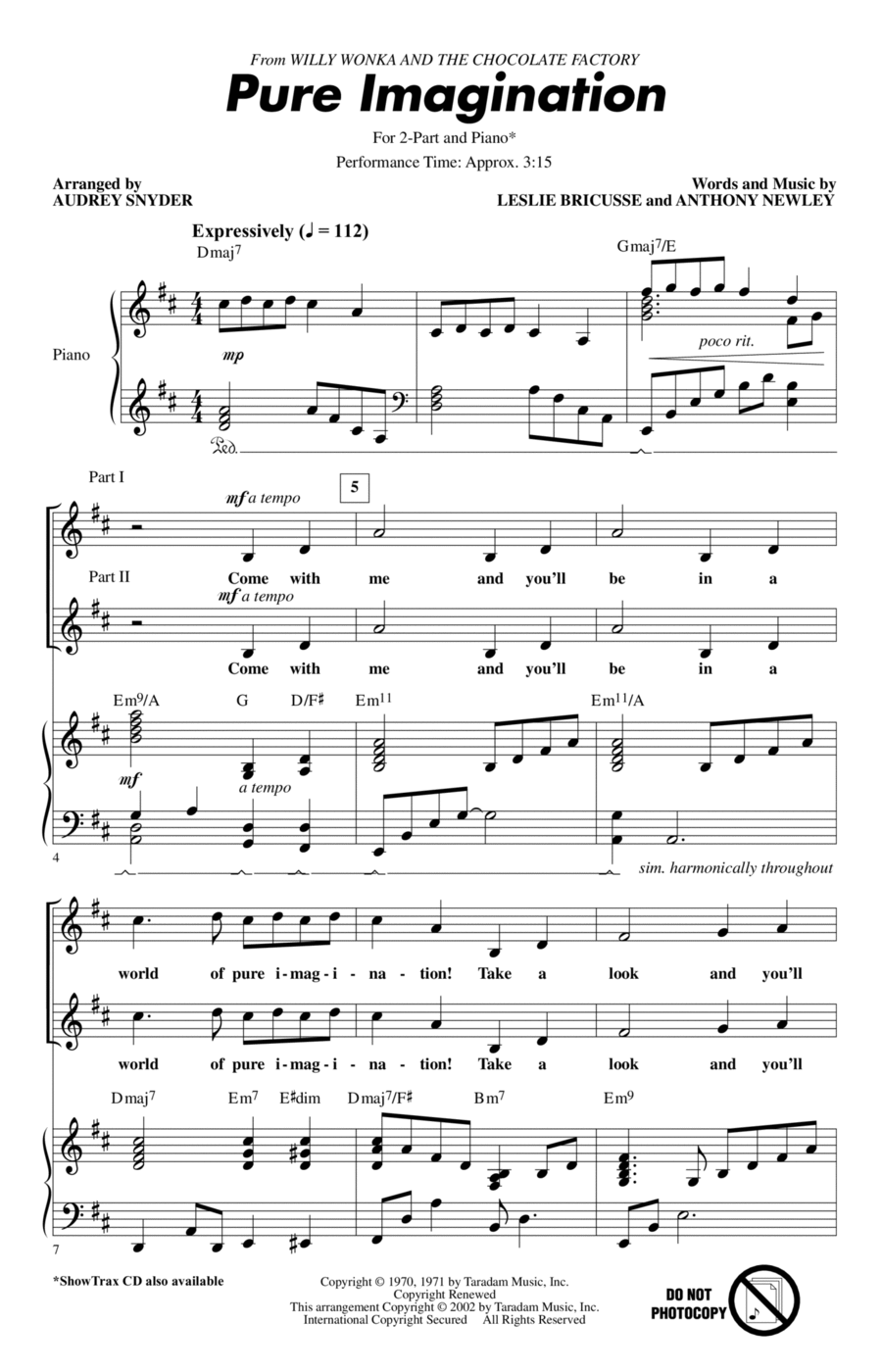Pure Imagination (from Willy Wonka & The Chocolate Factory) (arr. Audrey Snyder) 2-Part scores gallery preview page 1