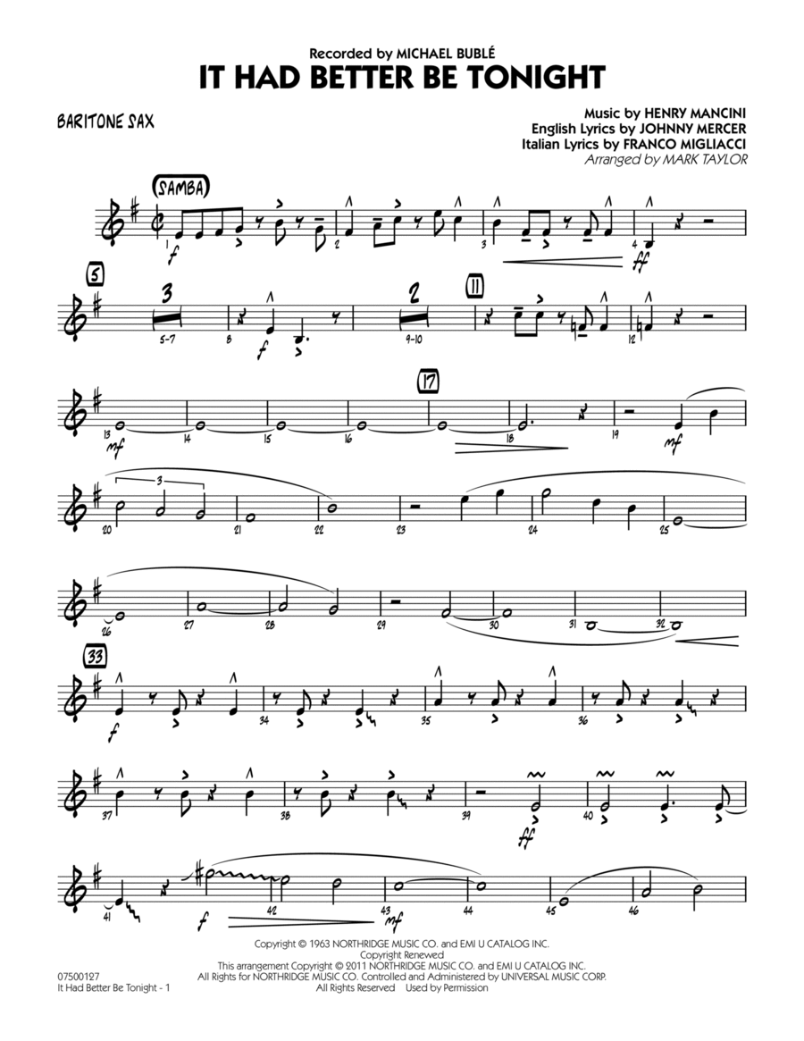 It Had Better Be Tonight - Baritone Sax Jazz Ensemble scores gallery preview page 1