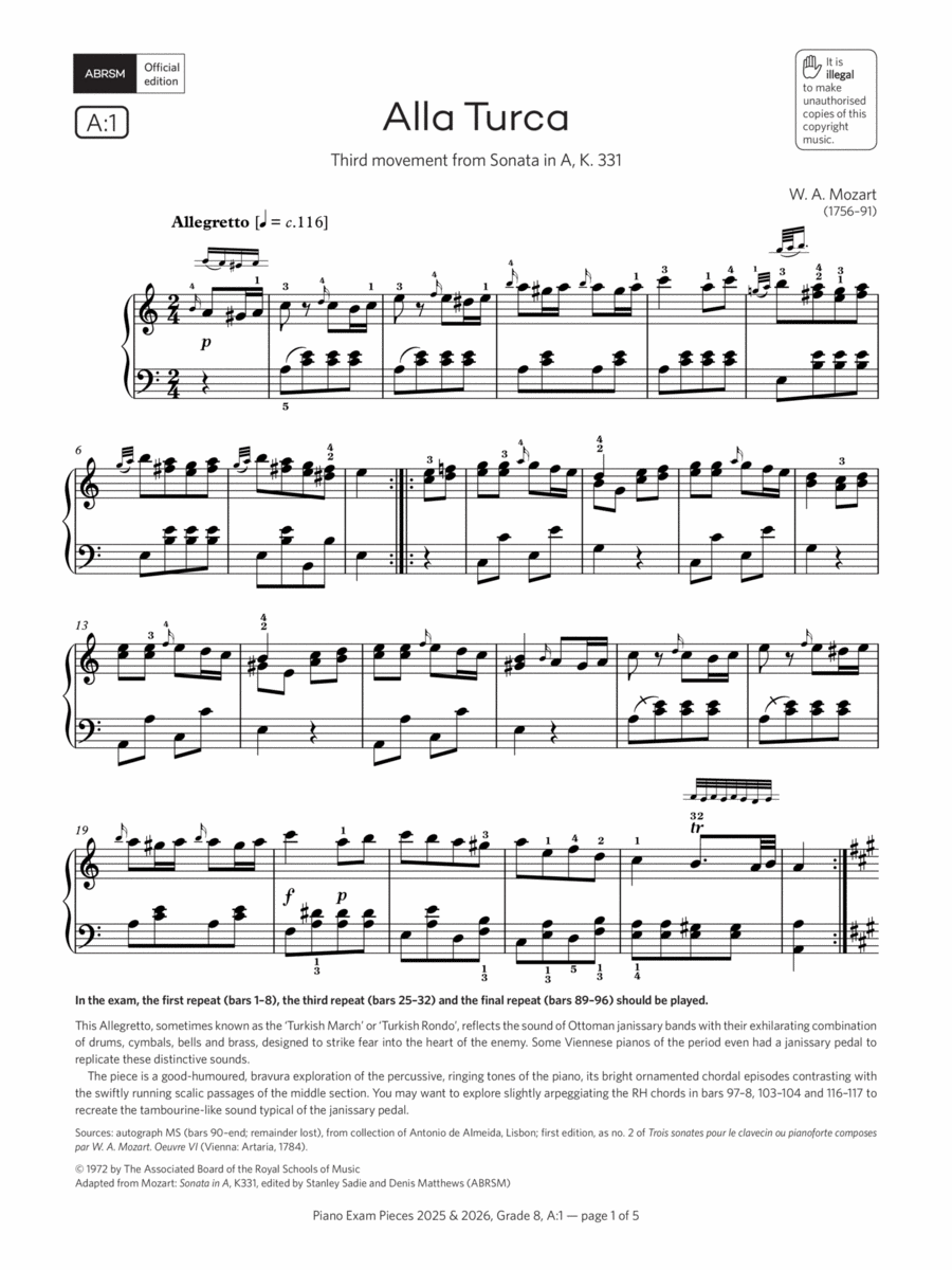 Alla Turca (Grade 8, list A1, from the ABRSM Piano Syllabus 2025 & 2026) Piano Method scores gallery preview page 1