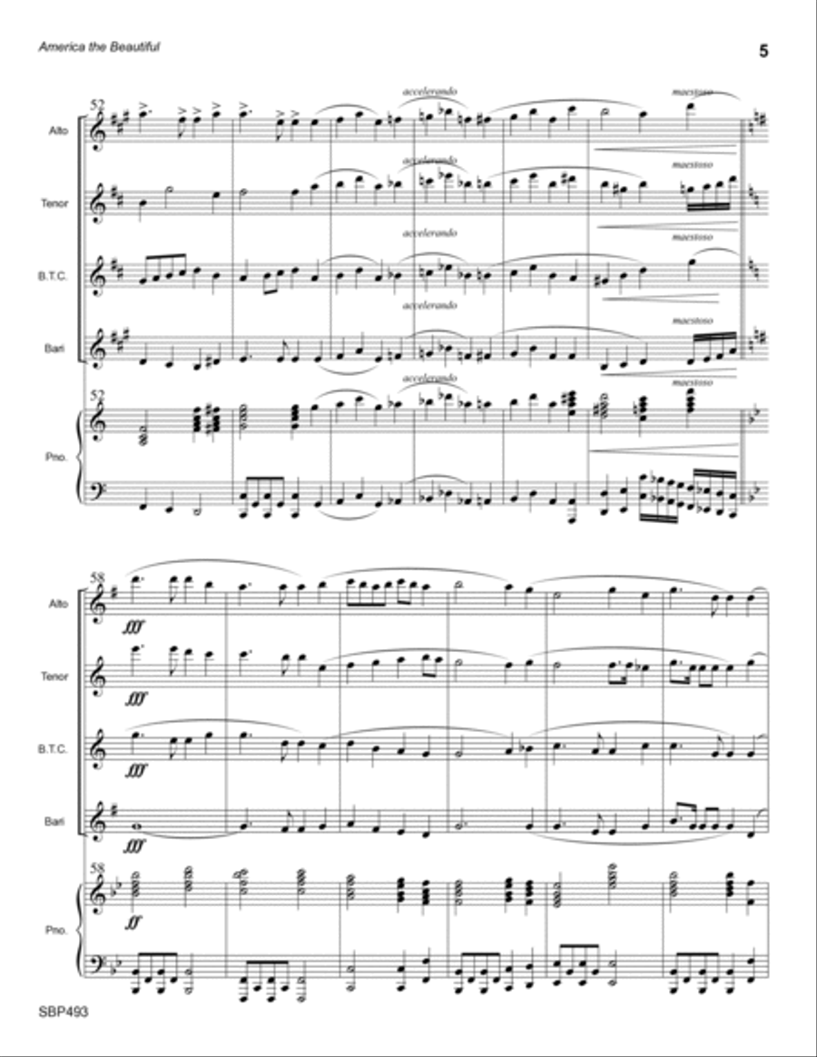 AMERICA THE BEAUTIFUL - AAB or ATB Saxes and Trombone (or Baritone TC) with optional Piano Small Ensemble scores gallery preview page 5