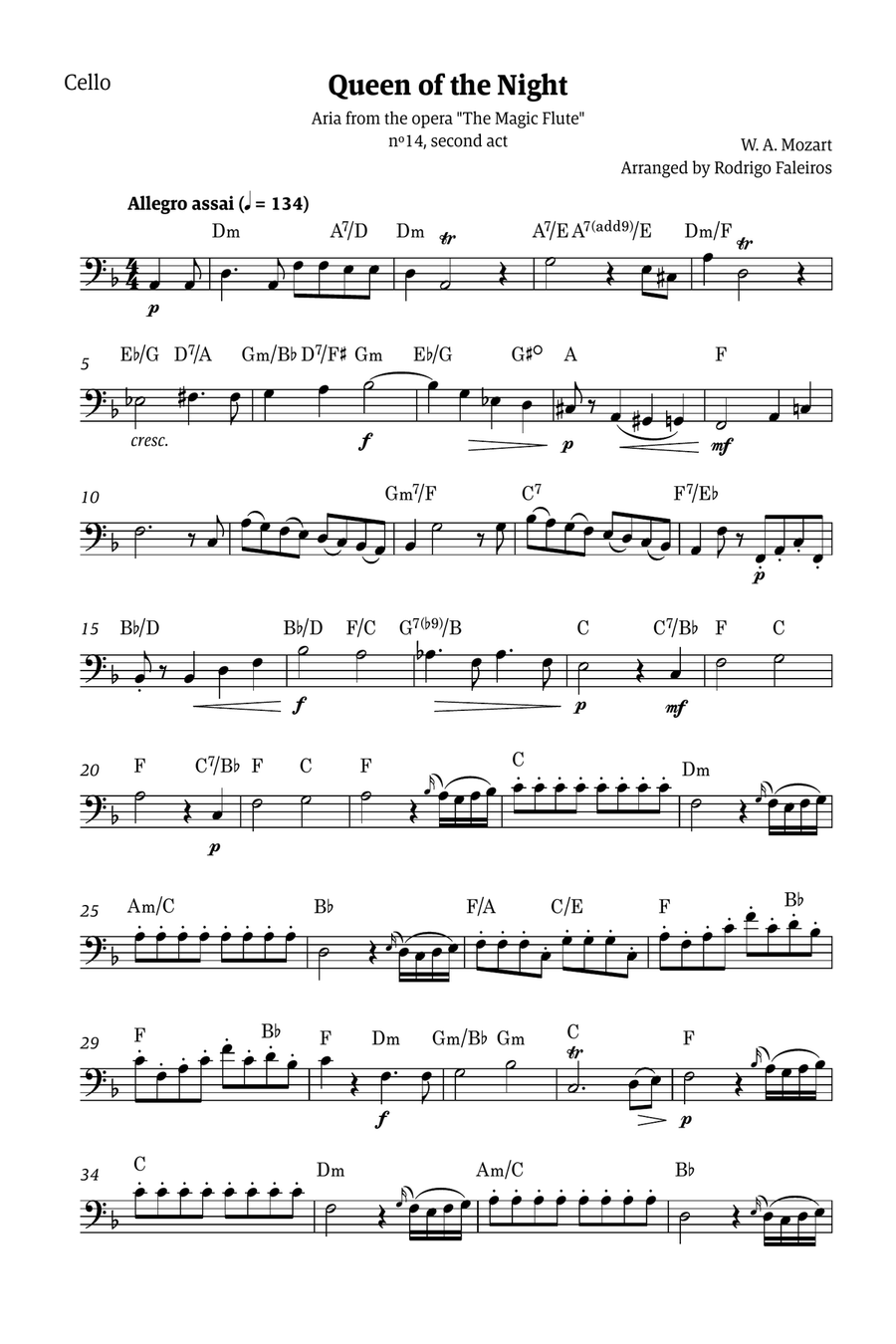 Queen of the Night - for solo cello (with chords) Chamber Music scores gallery preview page 1