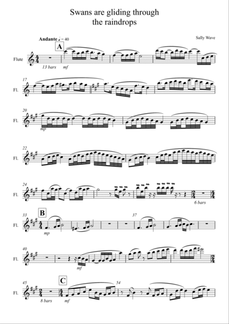 Swans are gliding through the raindrops op. 26 flute part from tiro for flute violin and harp Small Ensemble scores gallery preview page 2