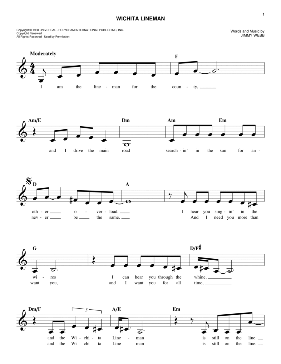 Wichita Lineman Piano scores gallery preview page 1
