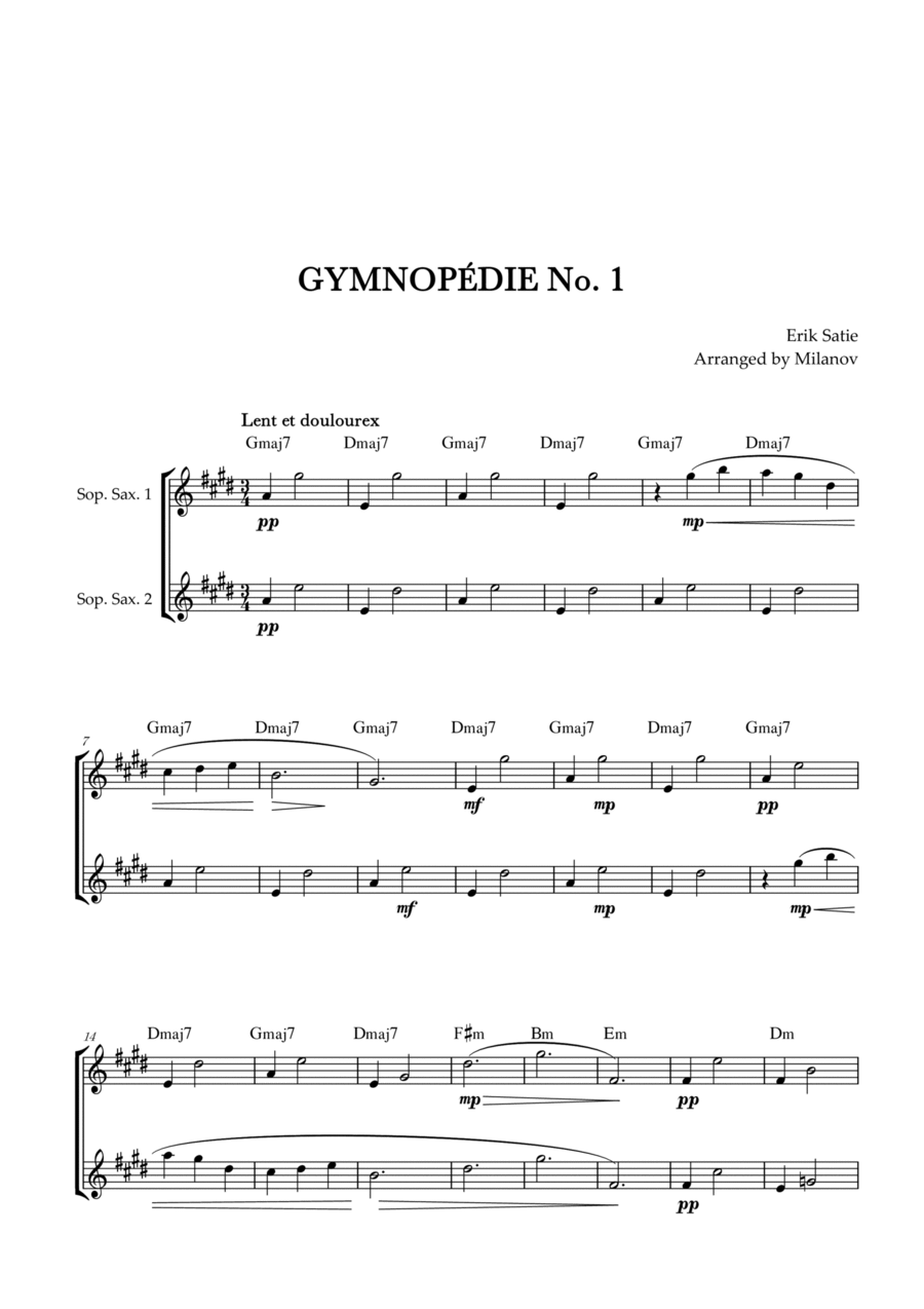 Gymnopédie no 1 | Soprano Saxophone Duet | Original Key | Chords | Easy intermediate Woodwind Duet scores gallery preview page 1
