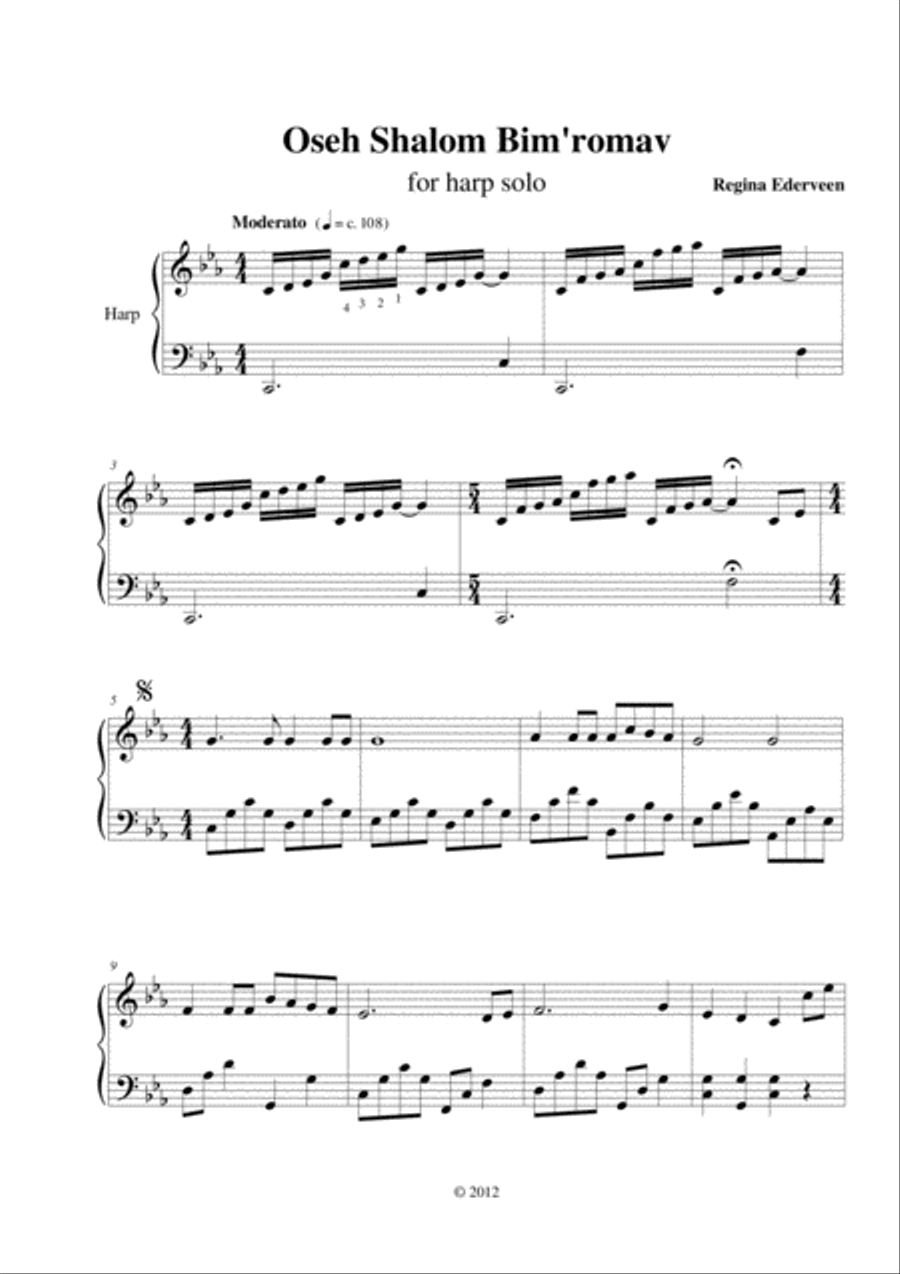 Oseh Shalom Bimromav - lever harp solo Celtic Harp scores gallery preview page 1