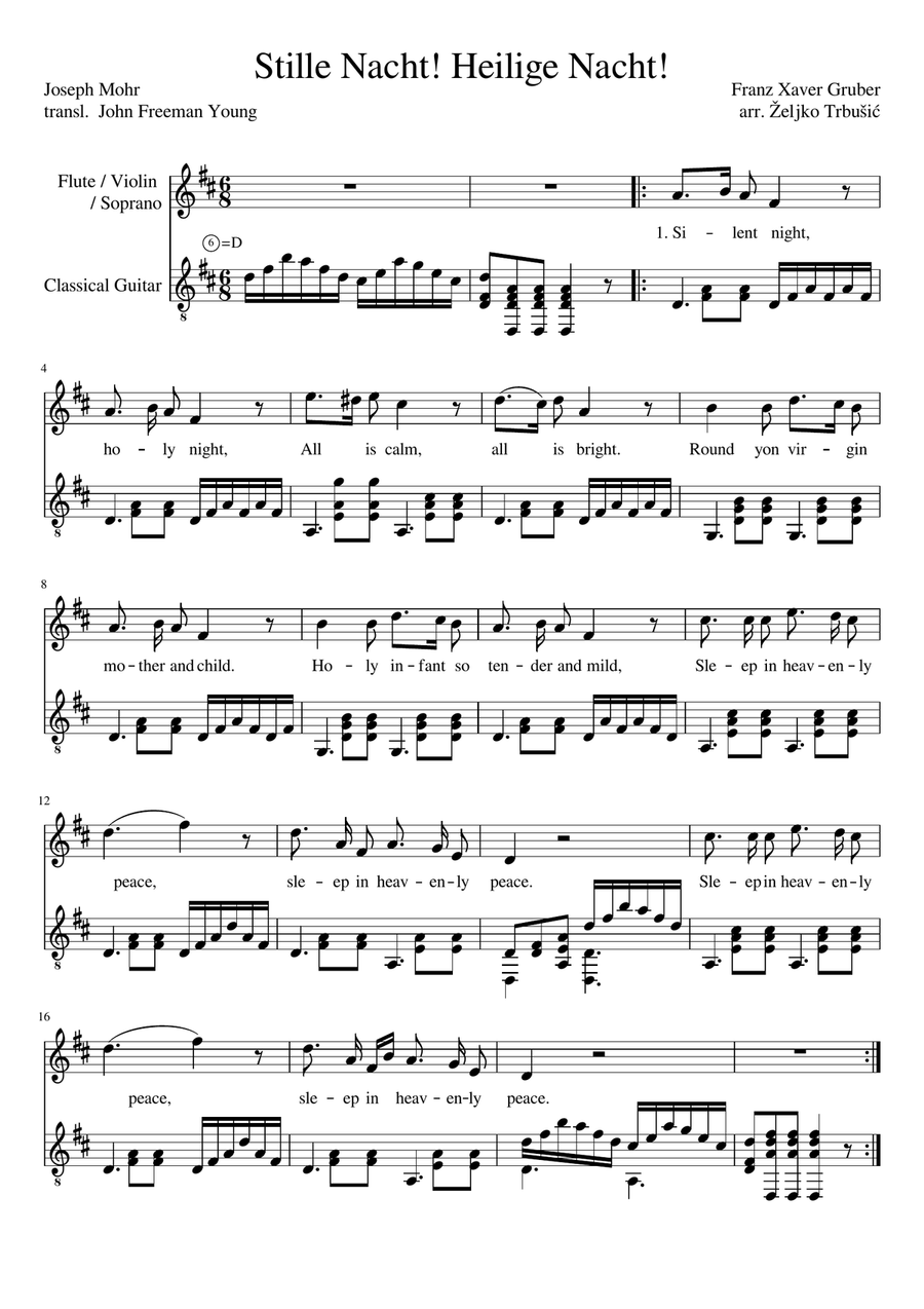 Silent Night, Holy Night for Guitar and Voice/Flute/Violin with English/German lyrics Small Ensemble scores gallery preview page 1