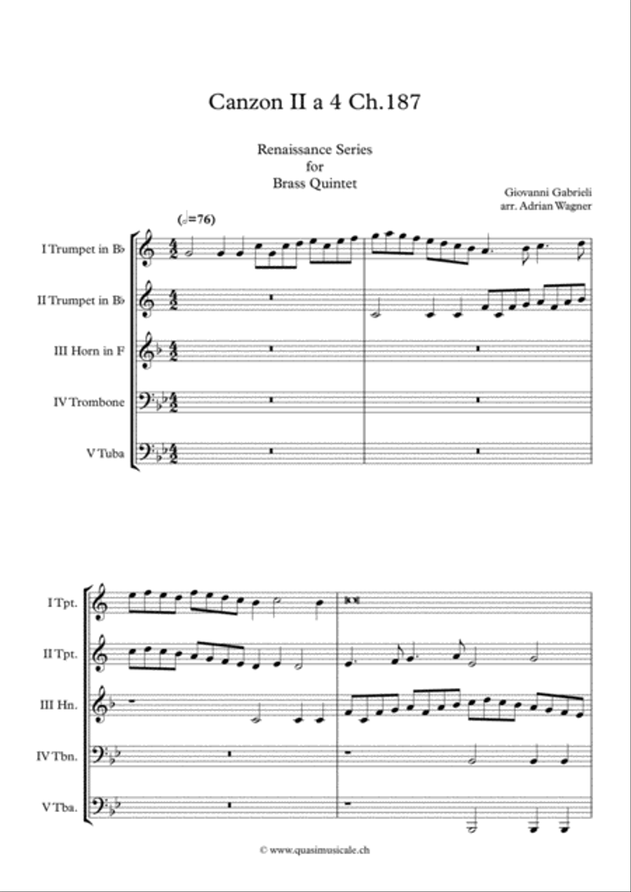 Canzon II a 4 Ch.187 (Giovanni Gabrieli) Brass Quintet arr. Adrian Wagner image number null