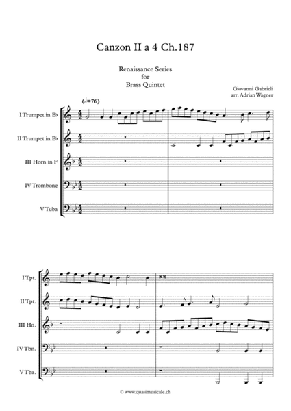 Canzon II a 4 Ch.187 (Giovanni Gabrieli) Brass Quintet arr. Adrian Wagner image number null