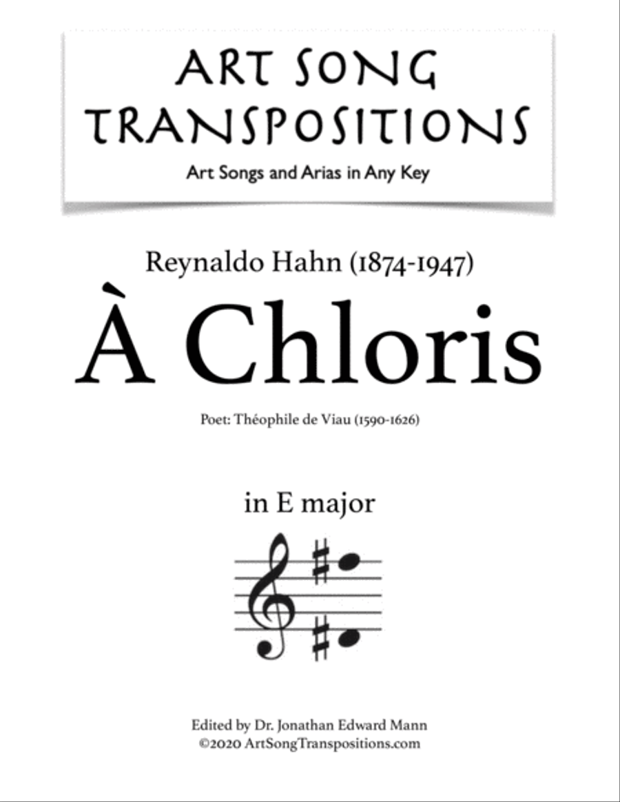 Book cover for HAHN: À Chloris (transposed to E major)