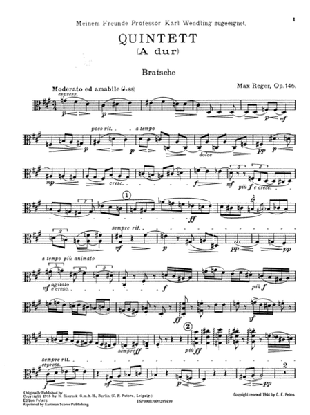 Quintett (A dur) fur Klarinette (oder Bratsche) zwei Violinen, Bratsche und Violoncell, op. 146