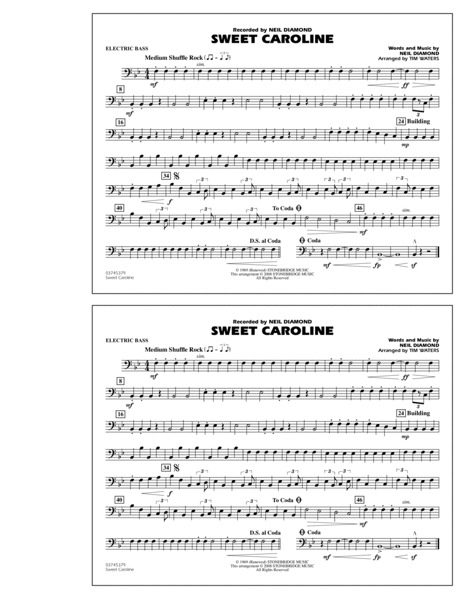 Sweet Caroline - Electric Bass Marching Band scores gallery preview page 1