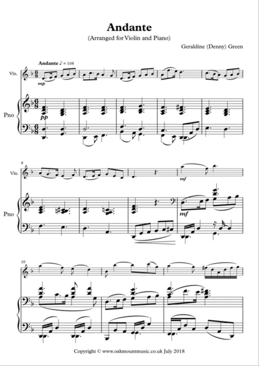 Andante For Solo Violin and Strings (Violin and Piano Arrangement)